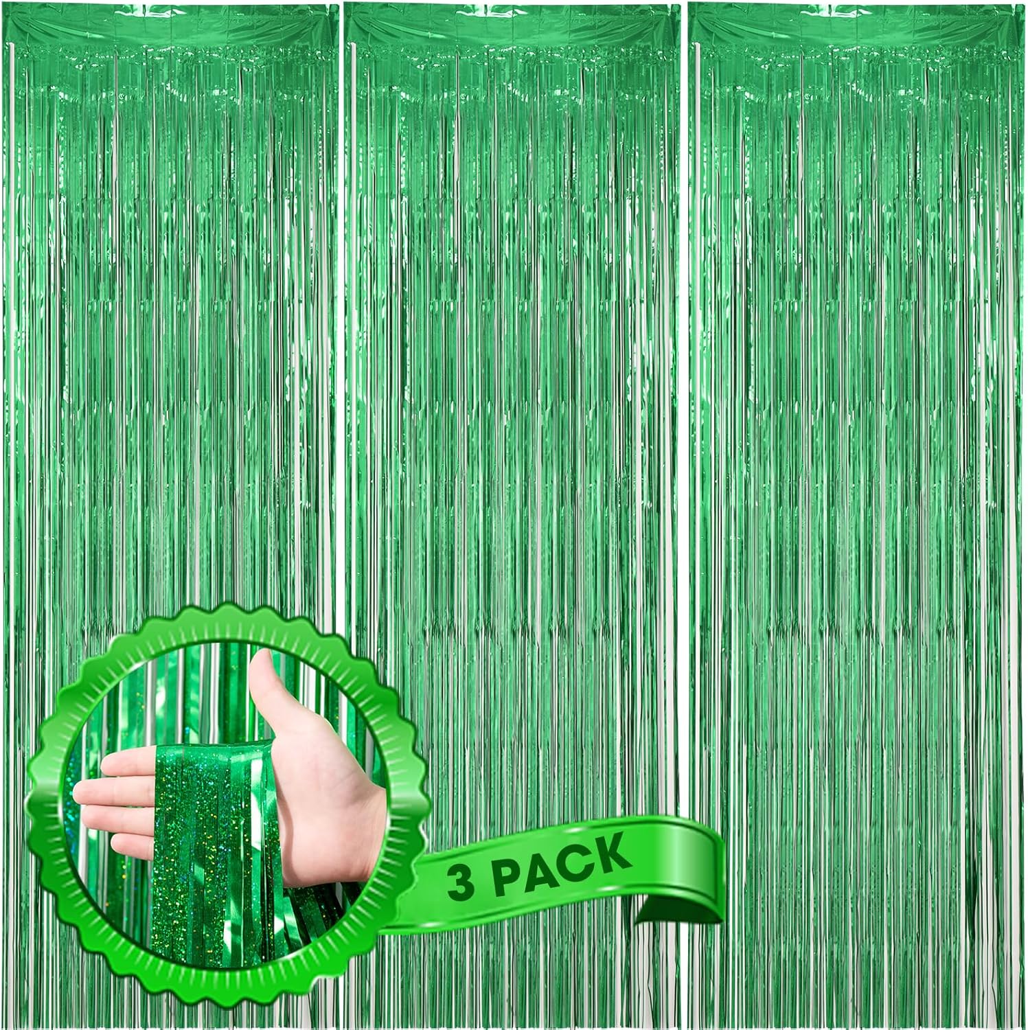 3 Pack 3.3 x 8.2 ft Laser Green Foil Fringe Backdrop Curtains, Tinsel Streamers Birthday Party