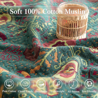 Boho Throw Blanket Twin Size, Soft Cozy Cotton Muslin Quilt Blanket for Bed Decor, Floral Patterned