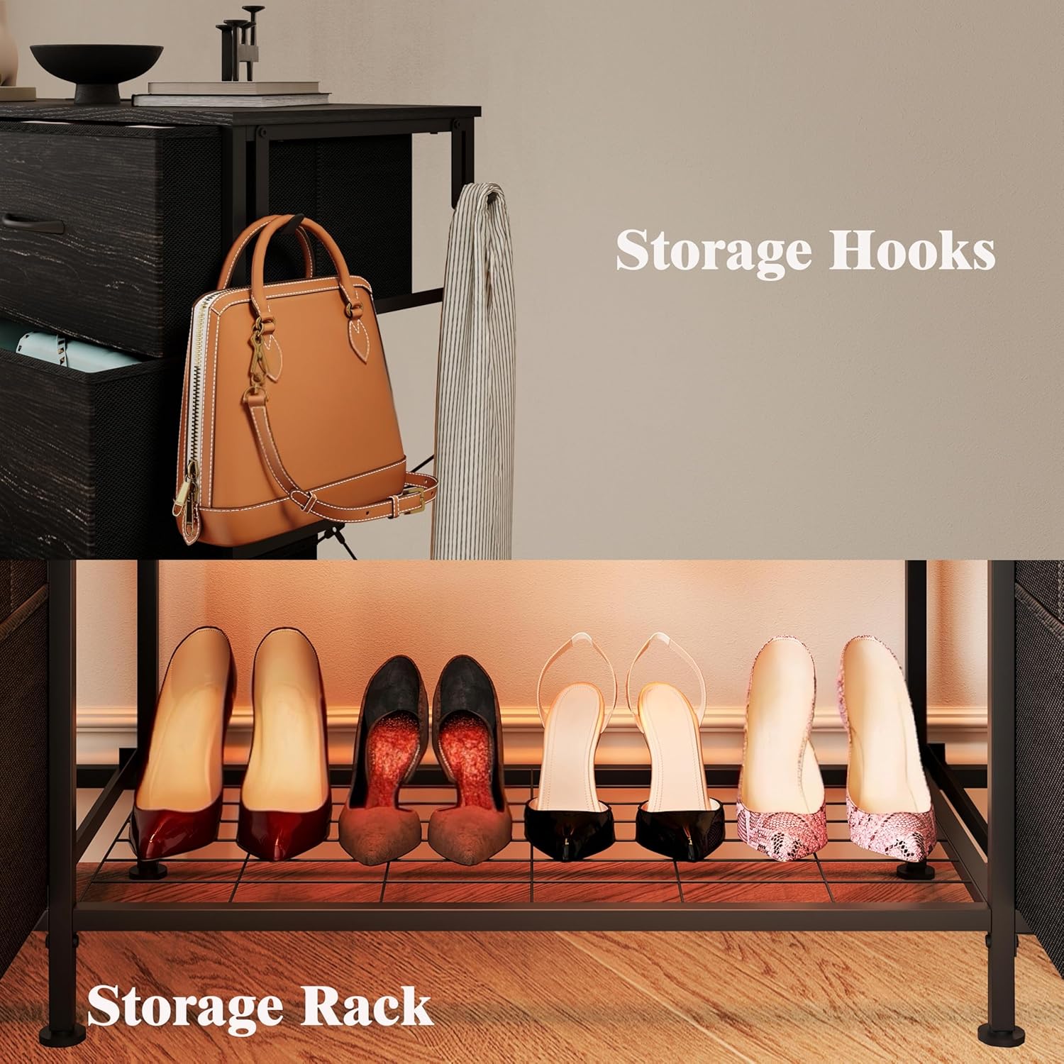 LUMTOK 55" W 2-in-1 Dresser with Hanging Rack, 10 Drawers Dresser for Bedroom,Dressers with Fabric