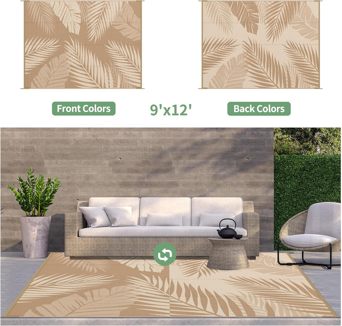 GENIMO Outdoor Rug 9' x 12' Waterproof for Patios Clearance, Reversible Outdoor Plastic Straw