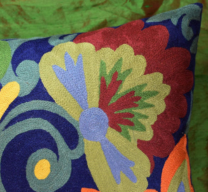 Blue Floral Pillow Cover | Navy Flower Throw Pillow | Outdoor Suzani Cushions | Hand Embroidered
