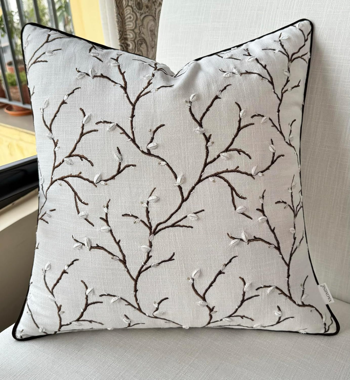 VAGMINE Embroidered Pussy Willow Throw Pillow Cover - 18x18 Inches Square - 100% Cotton Ivory