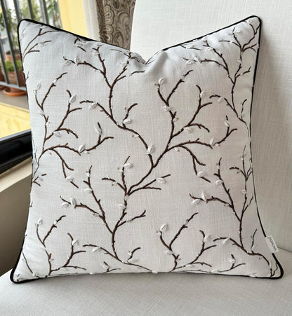 VAGMINE Embroidered Pussy Willow Throw Pillow Cover - 18x18 Inches Square - 100% Cotton Ivory