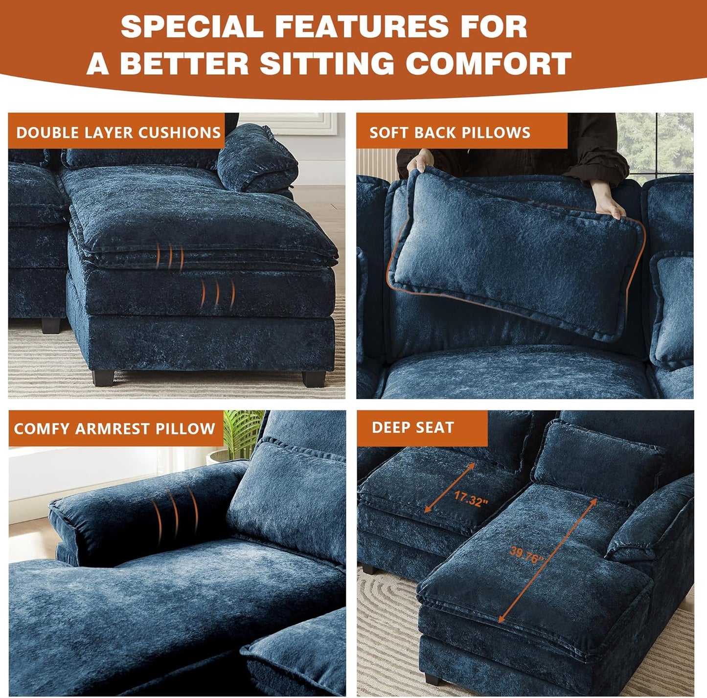 113" Oversized Cloud Couch, U Shape Sectional 4 Seat Sofa with Double Chaises, 2 Layer Cusions