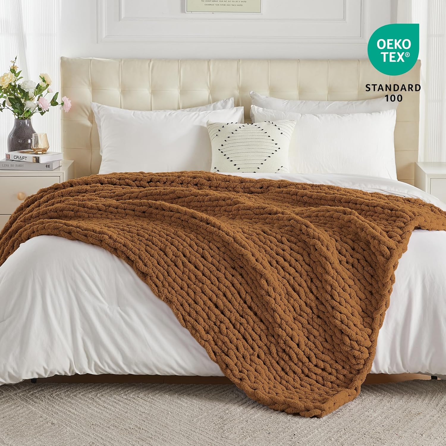 Carriediosa Chunky Knit Throw Blanket 60" X 80" Twin, 100% Hand Made Large Chenille Loop Yarn Soft