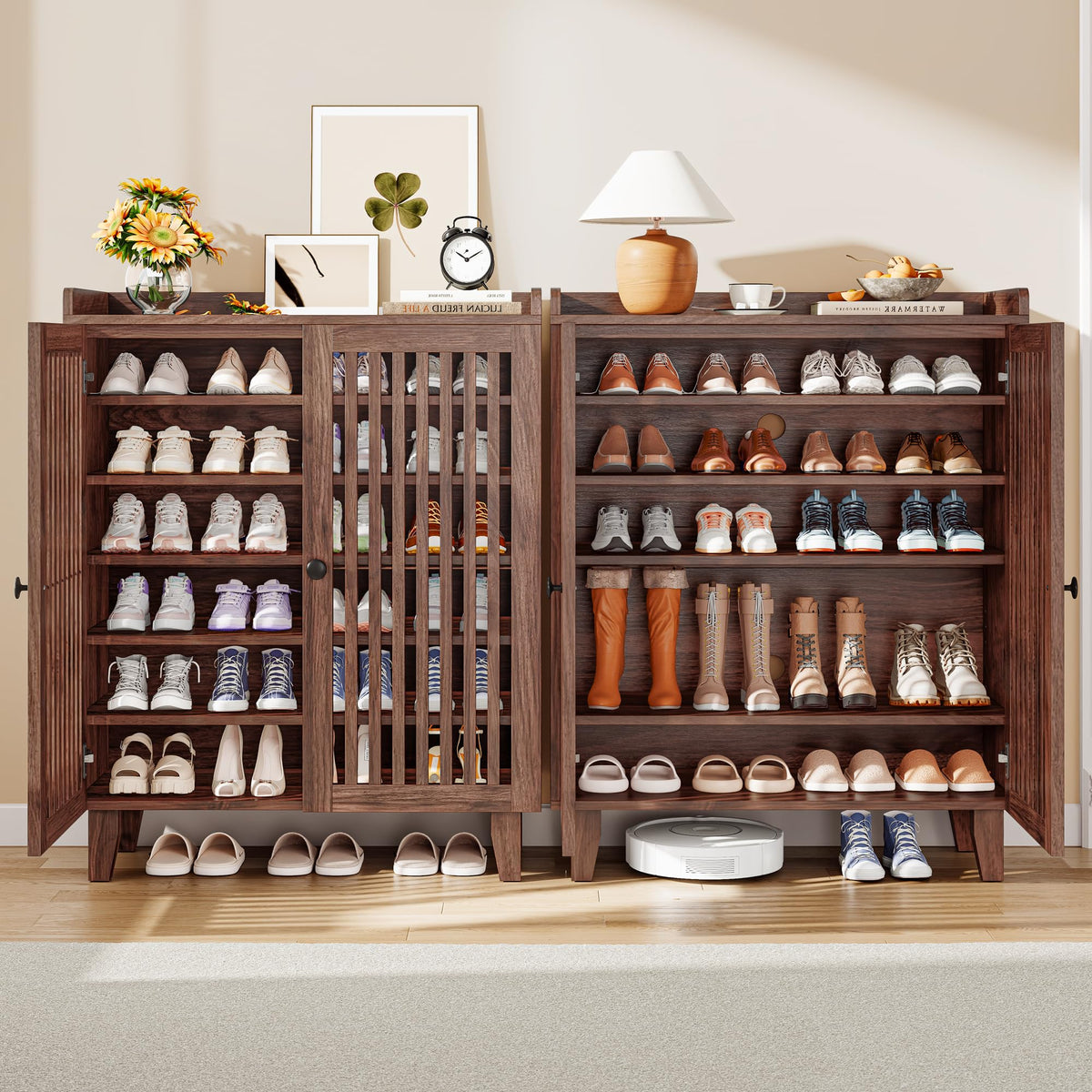 IRONCK Shoe Cabinet with Slatted Doors, 6-Tier Shoe Storage Cabinet, Walnut