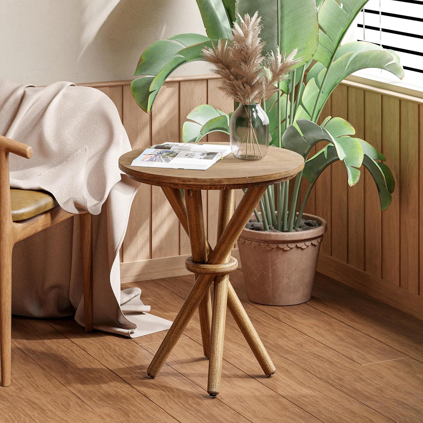 Round Wood End Table Farmhouse Wooden Side Table Rustic Plant Stand with Bundled Legs for Living