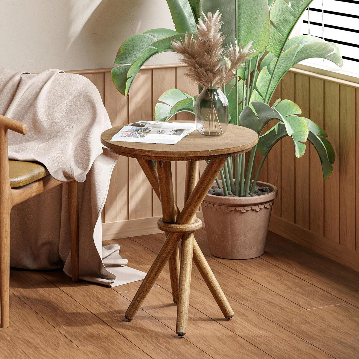 Round Wood End Table Farmhouse Wooden Side Table Rustic Plant Stand with Bundled Legs for Living