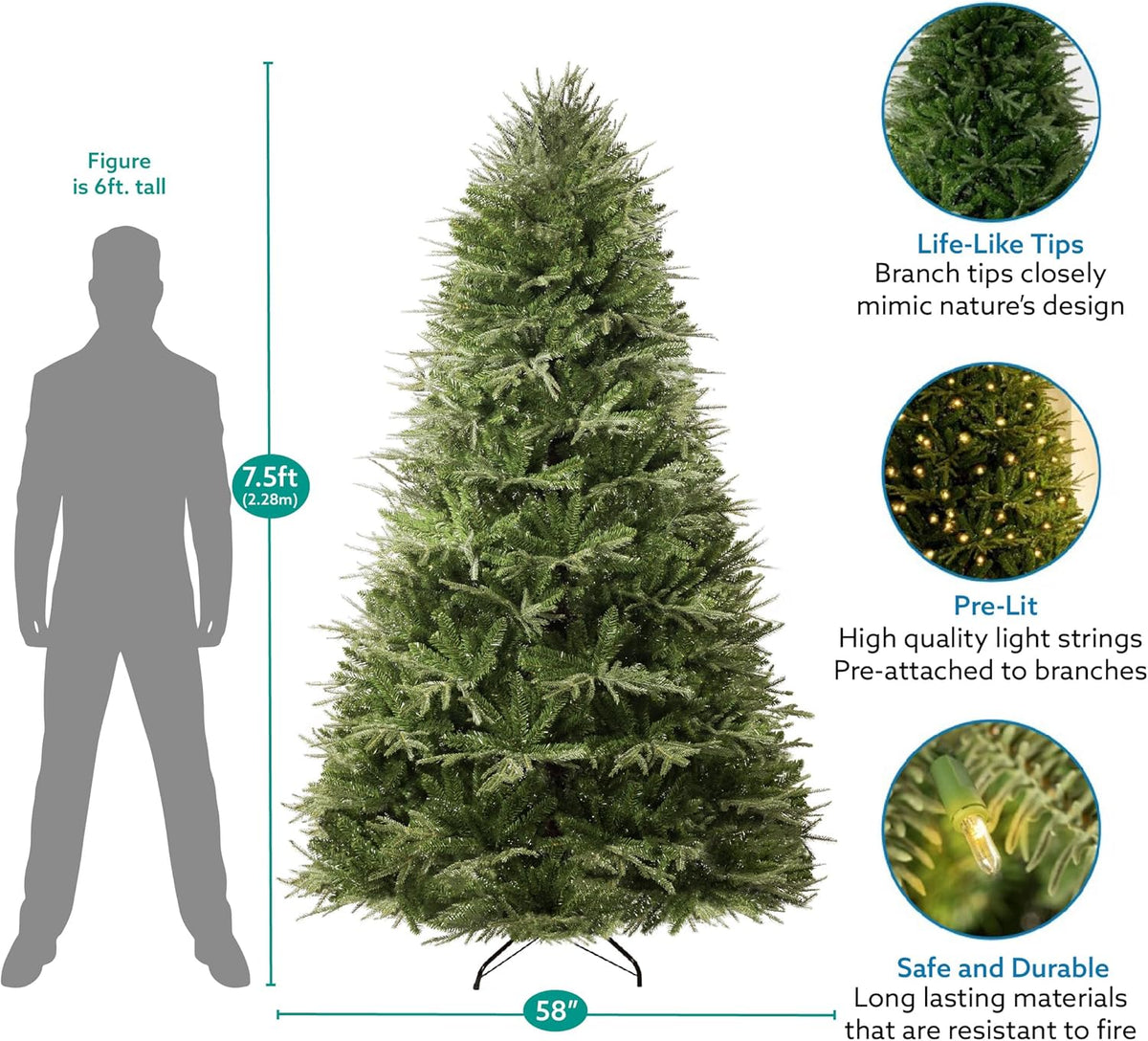 Camden 7.5ft Prelit Artificial Christmas Tree with Foot Pedal, 2755 Branch Tips, 600 Warm Lights