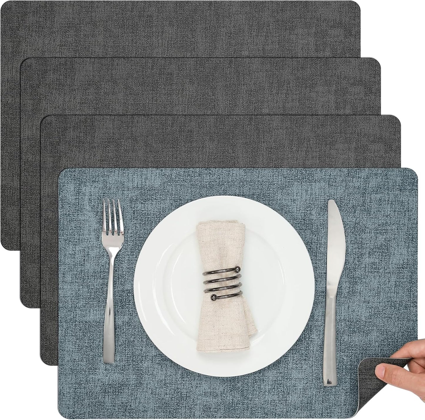 Myir JUN Dual Sided Faux Leather Placemats Set of 4 - Indoor/Outdoor Square Non-Slip Washable Table