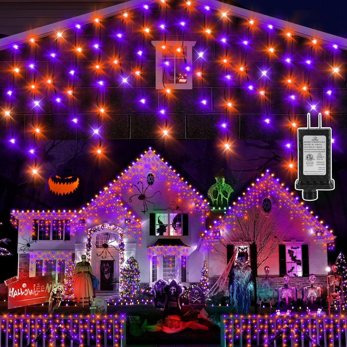KNONEW 99FT 960 LED Orange Purple Halloween Lights Outdoor Black Wire String Lights with 180 Drops