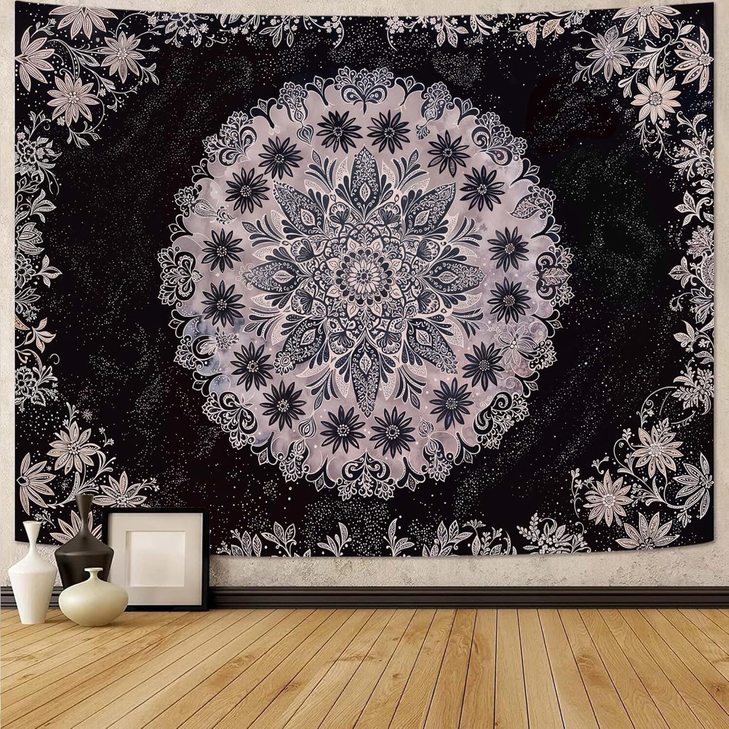 Fowocu Boho Floral Mandala Tapestry Wall Hanging Grey Bohemian Flower Medallion Tapestry Aesthetic