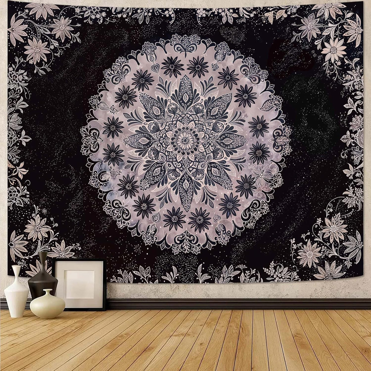 Fowocu Boho Floral Mandala Tapestry Wall Hanging Grey Bohemian Flower Medallion Tapestry Aesthetic
