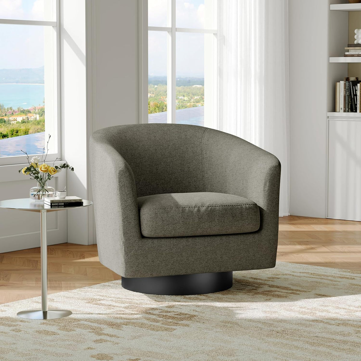 Swivel Barrel Accent Chair, Modern Round Chenille Fabric Arm Chair for Living Room, Bedroom, Comfy