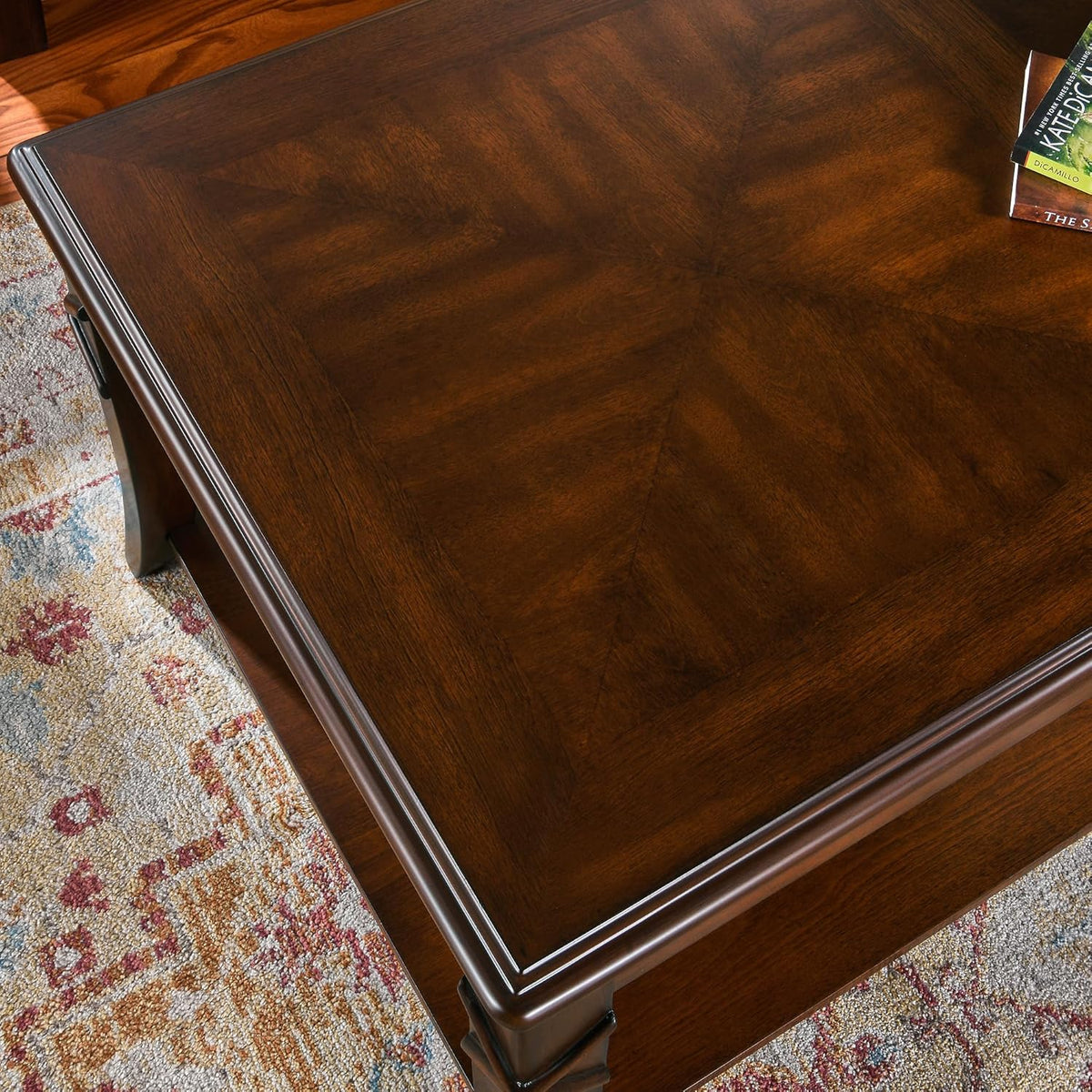 Solid Wood Coffee Table with Storage Shelf, Mid-Century Living Room Tables with Carved Tabletop and