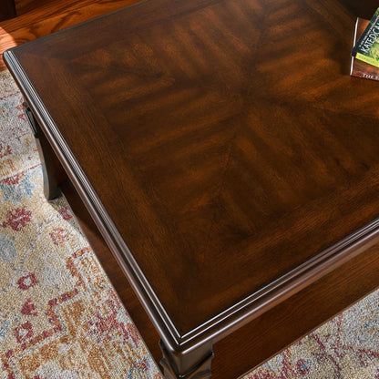 Solid Wood Coffee Table with Storage Shelf, Mid-Century Living Room Tables with Carved Tabletop and
