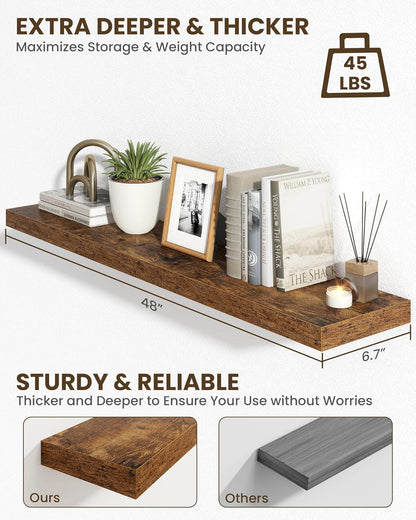 Marsmiles 48" Floating Shelves for Wall, Wooden Shelves with Invisible Brackets Set of 2, Rustic