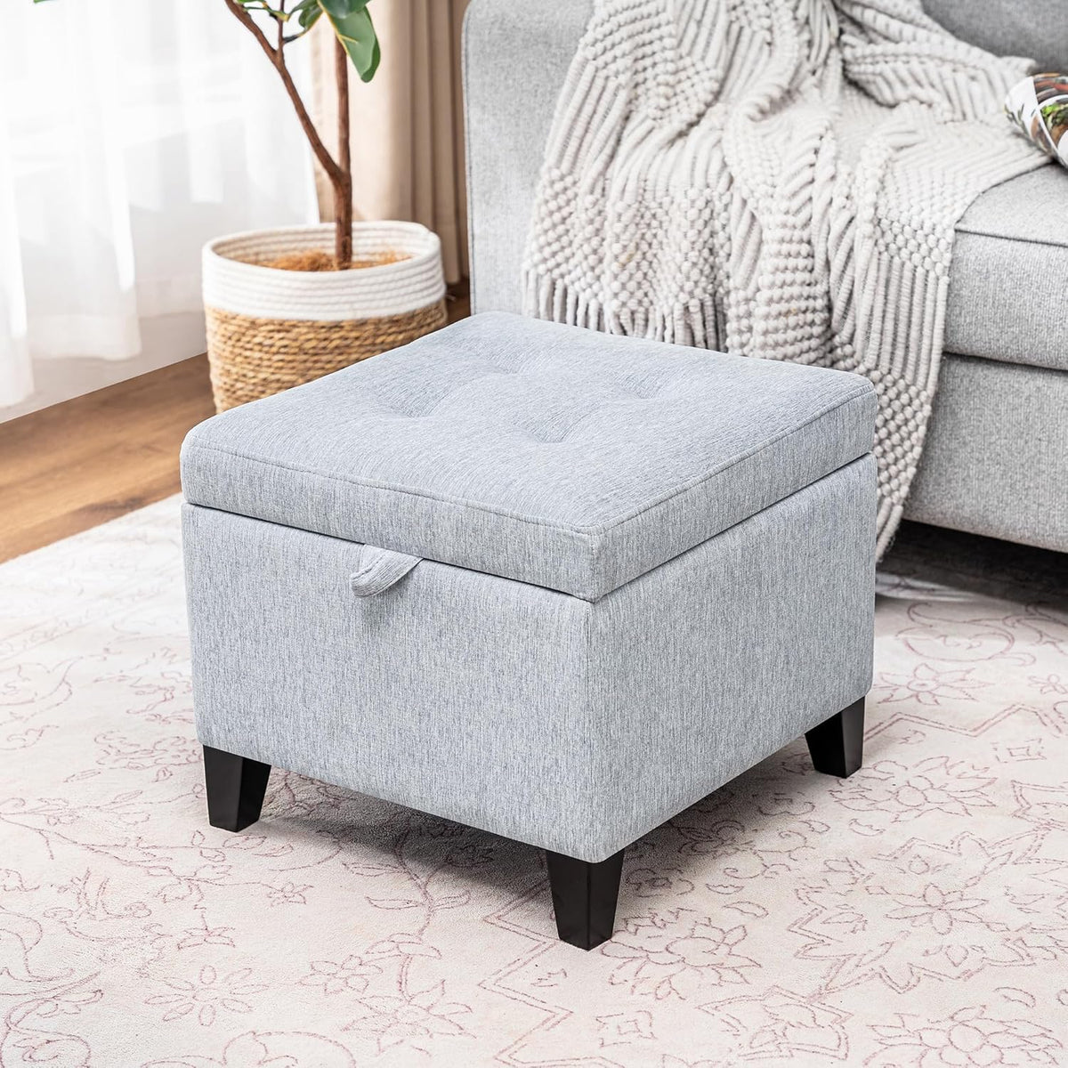 Adeco 18 Inch High Cube Ottoman Storage, Linen Chair Foot Stools, Upholstered Vanity Stool with