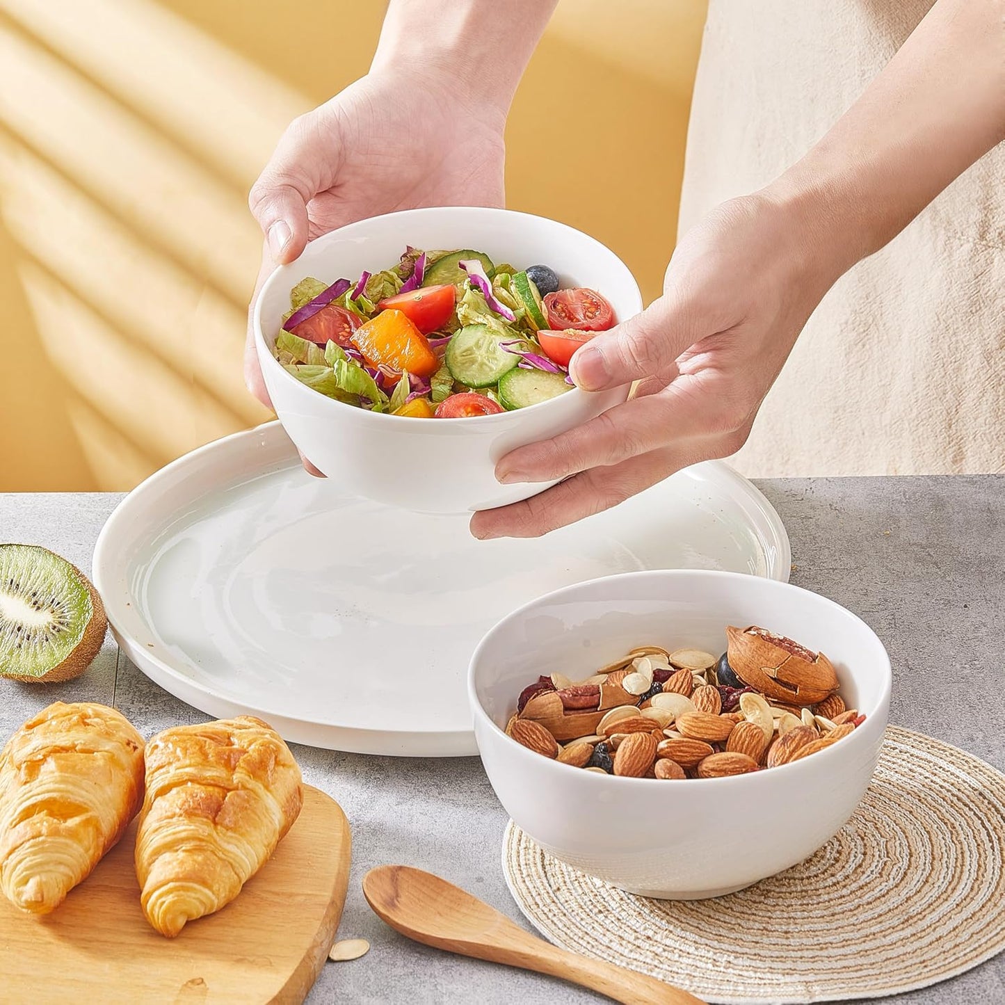 White Soup Bowls 6 in, 26Oz round Large Ceramic Bowl set of 6, Deep Porcelain Bowls for Cereal