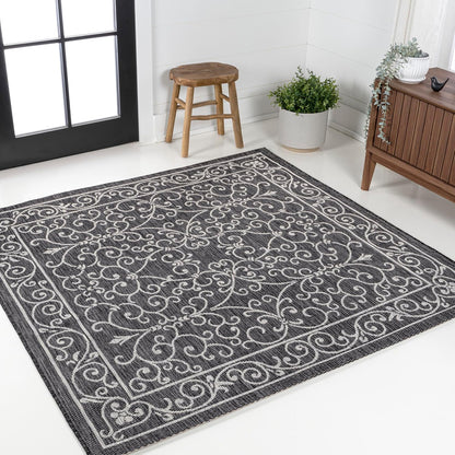 JONATHAN Y Vintage Filigree Indoor Outdoor Square Area Rug 4X4 Black/Gray, Charleston Textured