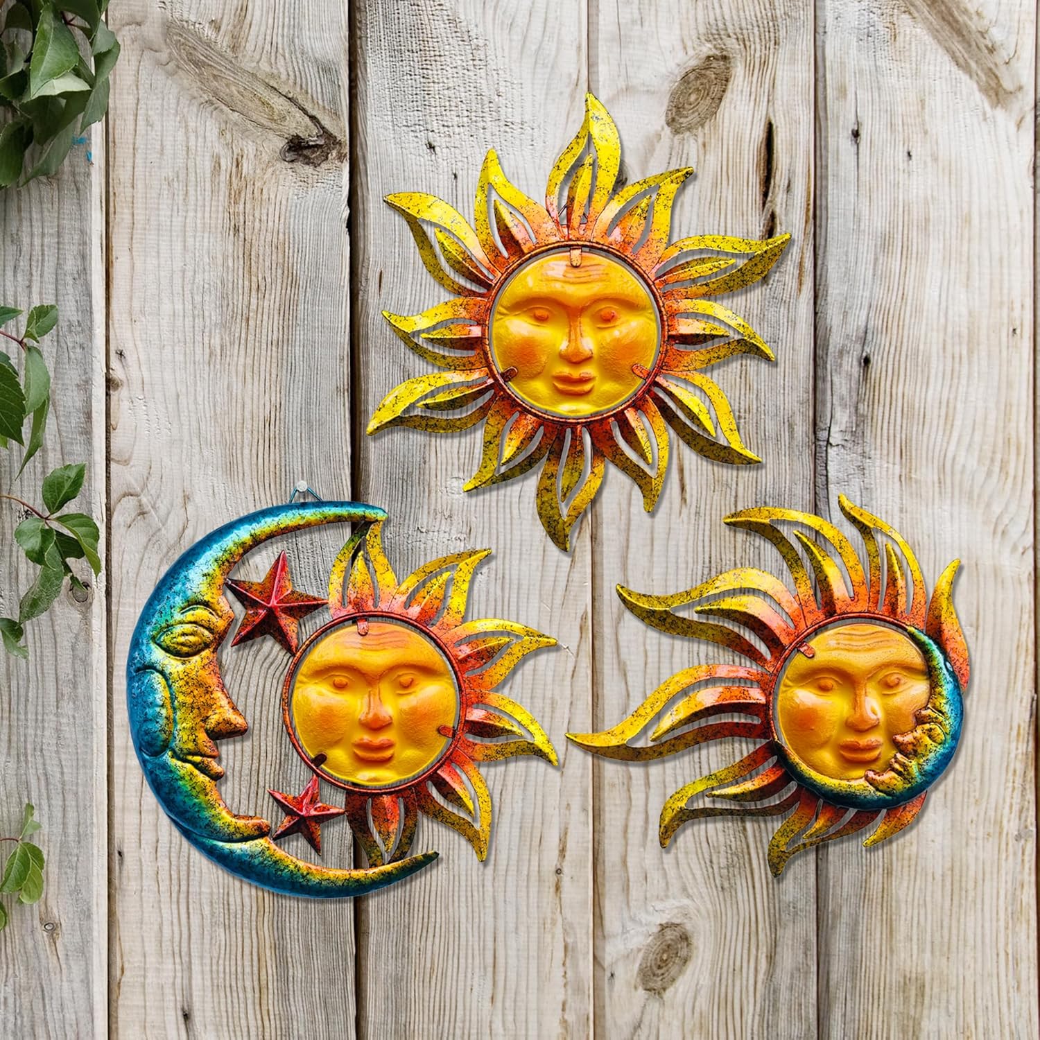 Sun Face Metal Wall Art Décor Outdoor Indoor, Sun Moon Star, Metal Glass Hanging for Garden Sun