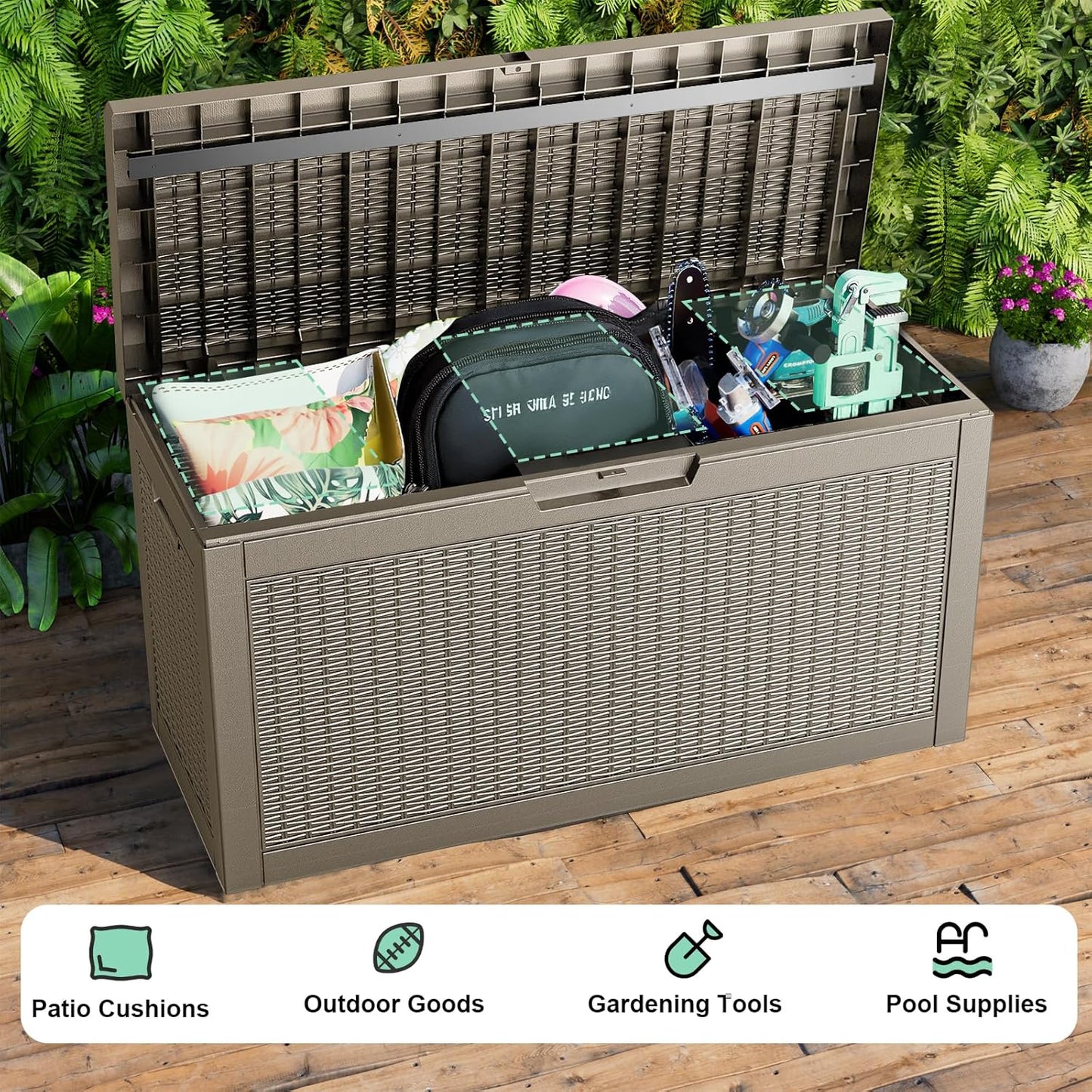 DRATO 60 Gallon Deck Box, Waterproof Resin Large Outdoor Storgae Box for Patio Furniture, Patio