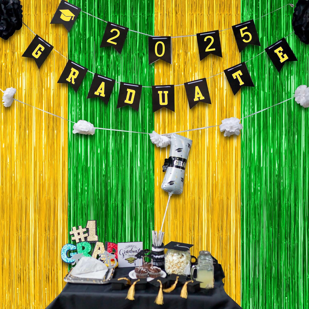 2 Pack Graduation Backdrop, Large Grad Decor 2025, Green Gold Graduation Photo Backdrop Fringe