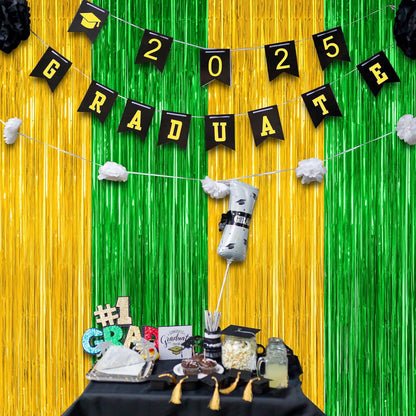 2 Pack Graduation Backdrop, Large Grad Decor 2025, Green Gold Graduation Photo Backdrop Fringe