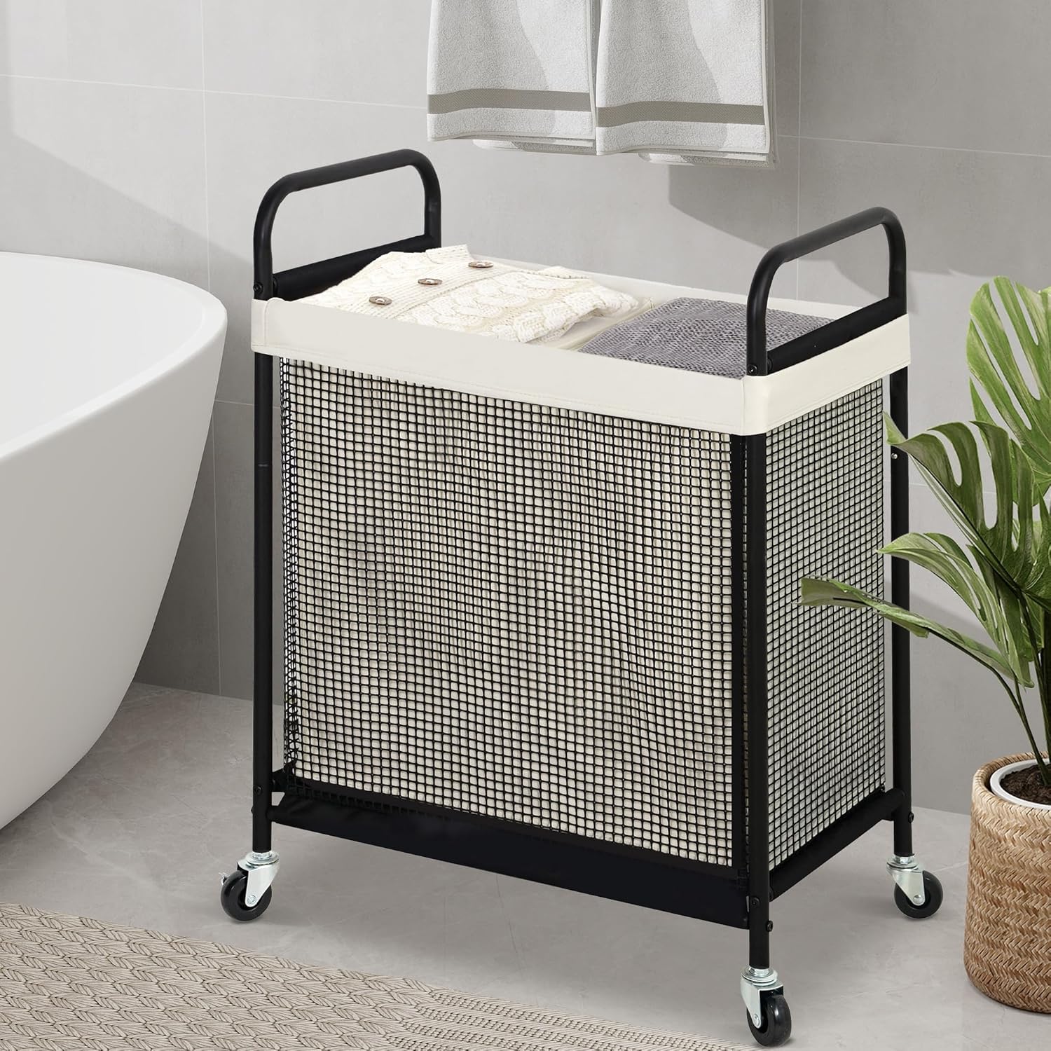 STO STO Laundry Hamper 2 Section, 100L Rolling Laundry Sorter Cart with Removable and Washable