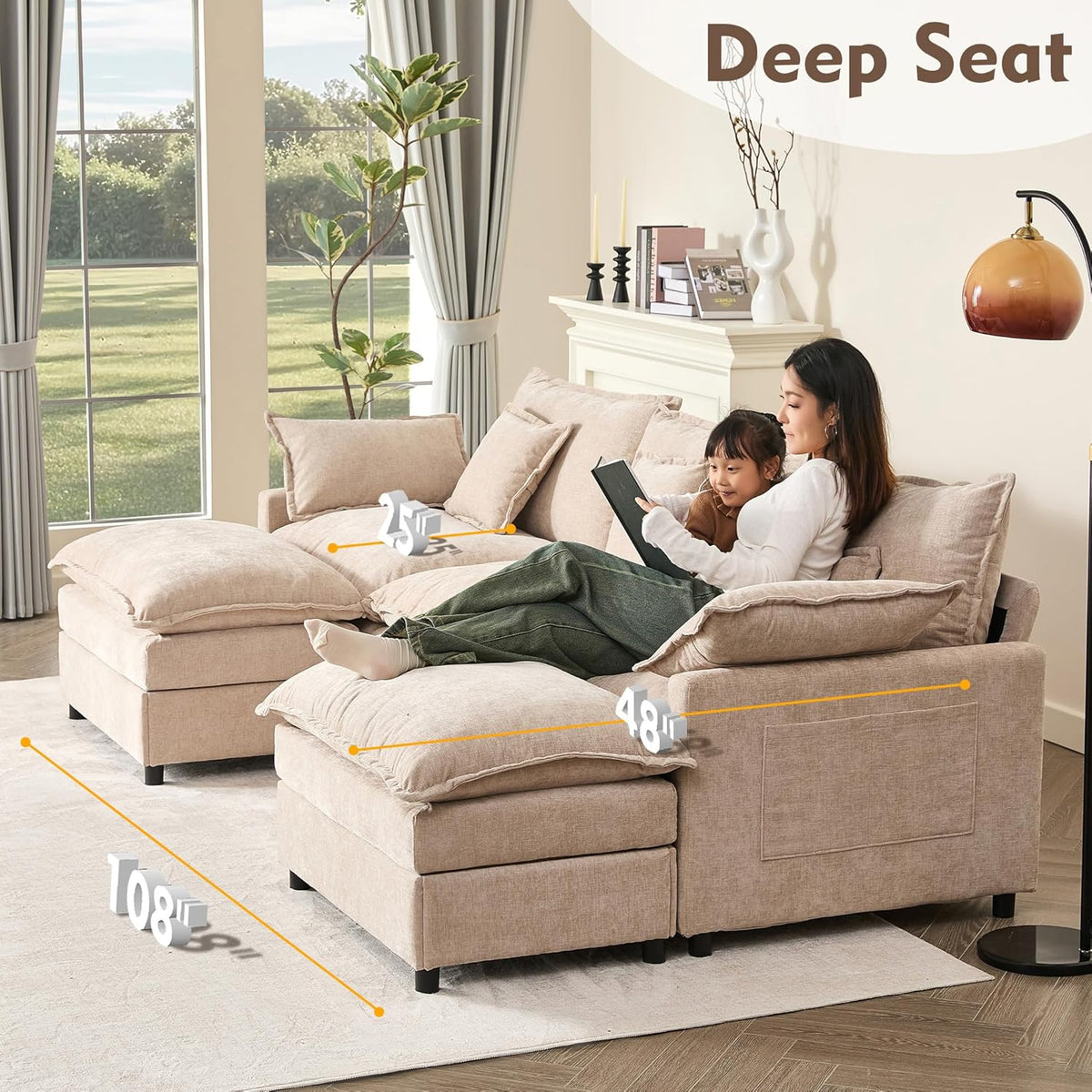 108" U Shaped Couch, Modular Sectional Sofa, 3-Seater Comfy Cloud Couch with Movable Ottoman, Deep