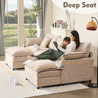 108" U Shaped Couch, Modular Sectional Sofa, 3-Seater Comfy Cloud Couch with Movable Ottoman, Deep