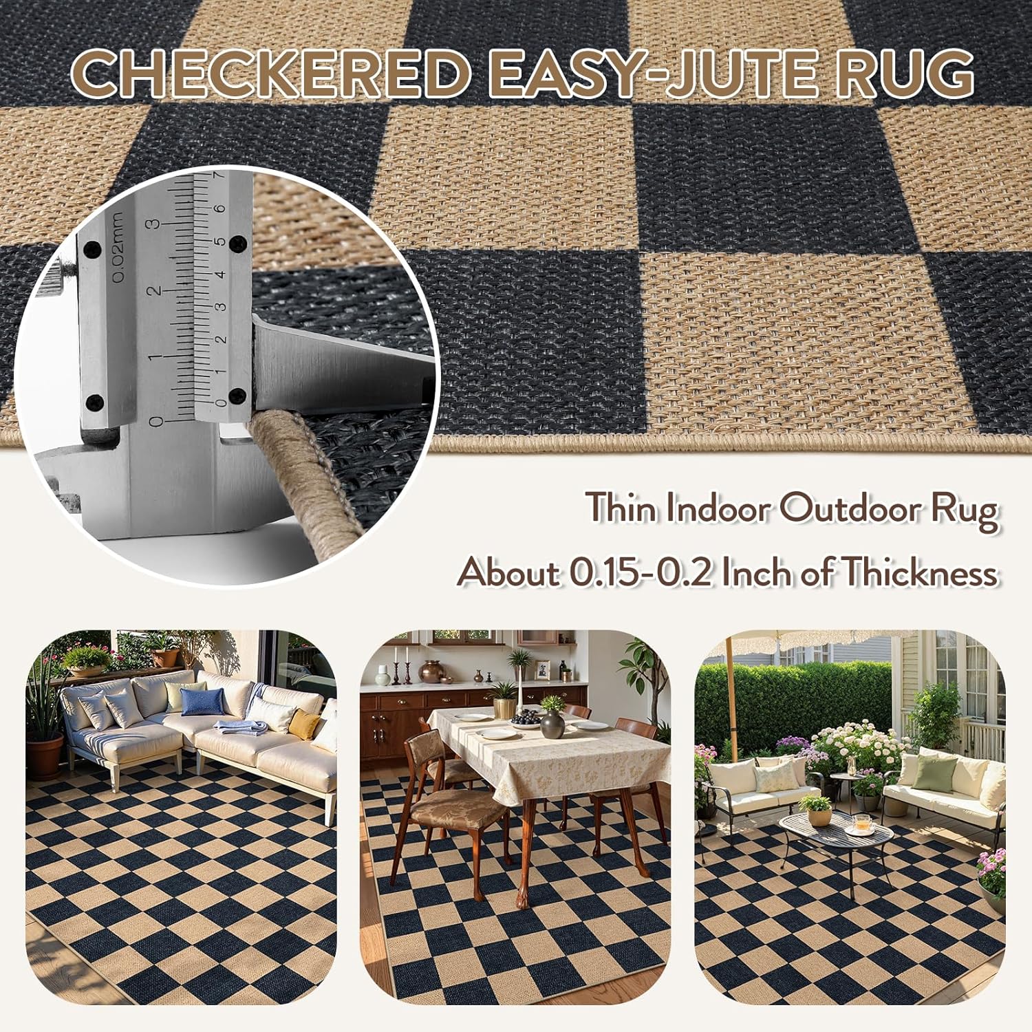 Lahome Checkered Easy Jute Carpet, Washable Area Rug 6x9 Neutral Outdoor Patio Rug, Farmhouse