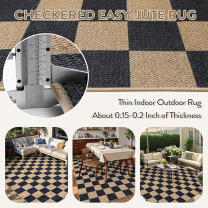 Lahome Checkered Easy Jute Carpet, Washable Area Rug 6x9 Neutral Outdoor Patio Rug, Farmhouse