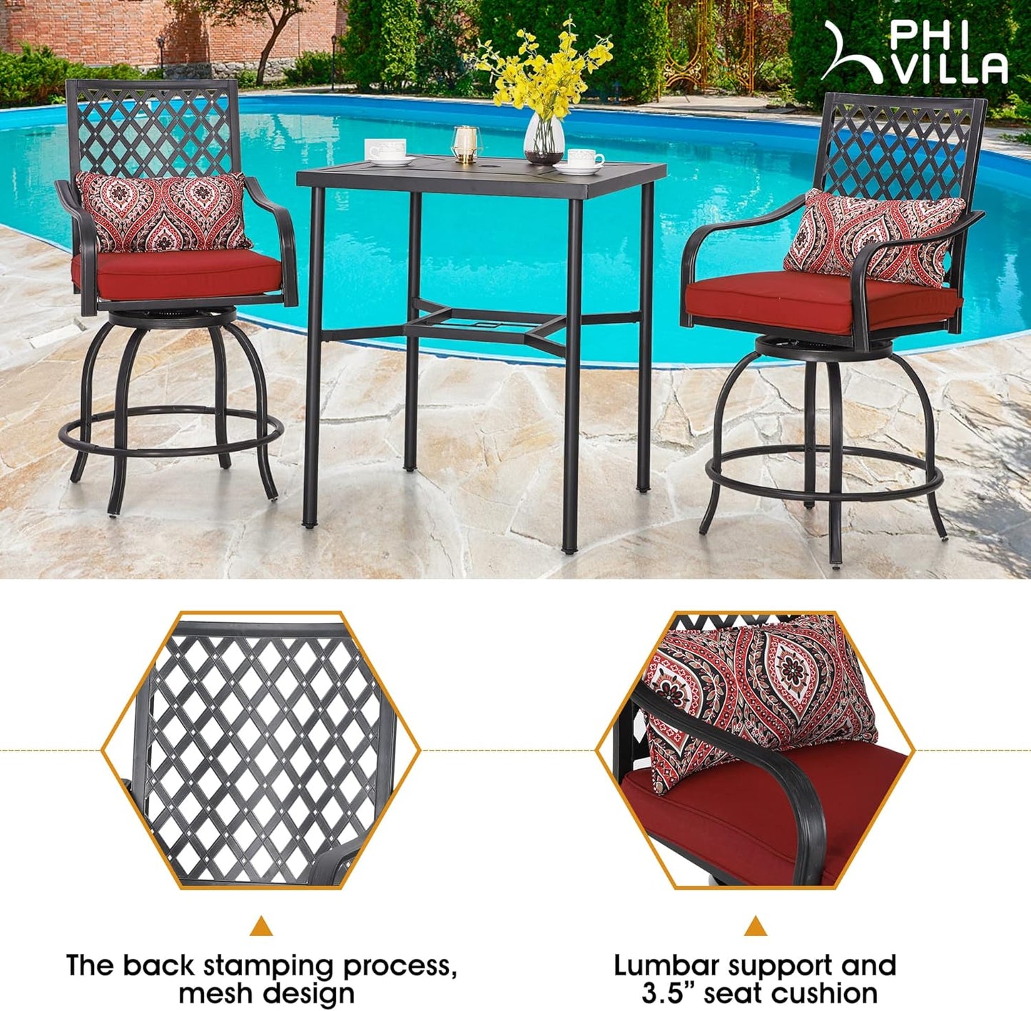 PHI VILLA 5 Piece Patio Bar Hight Dining Set for 4, Outdoor Bar Set with 4 Swivel Cushioned Bar