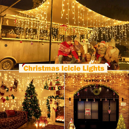 Ollny Icicle Lights for Outside 720LED 60FT, Warm White Christmas Lights with Remote 8 Modes