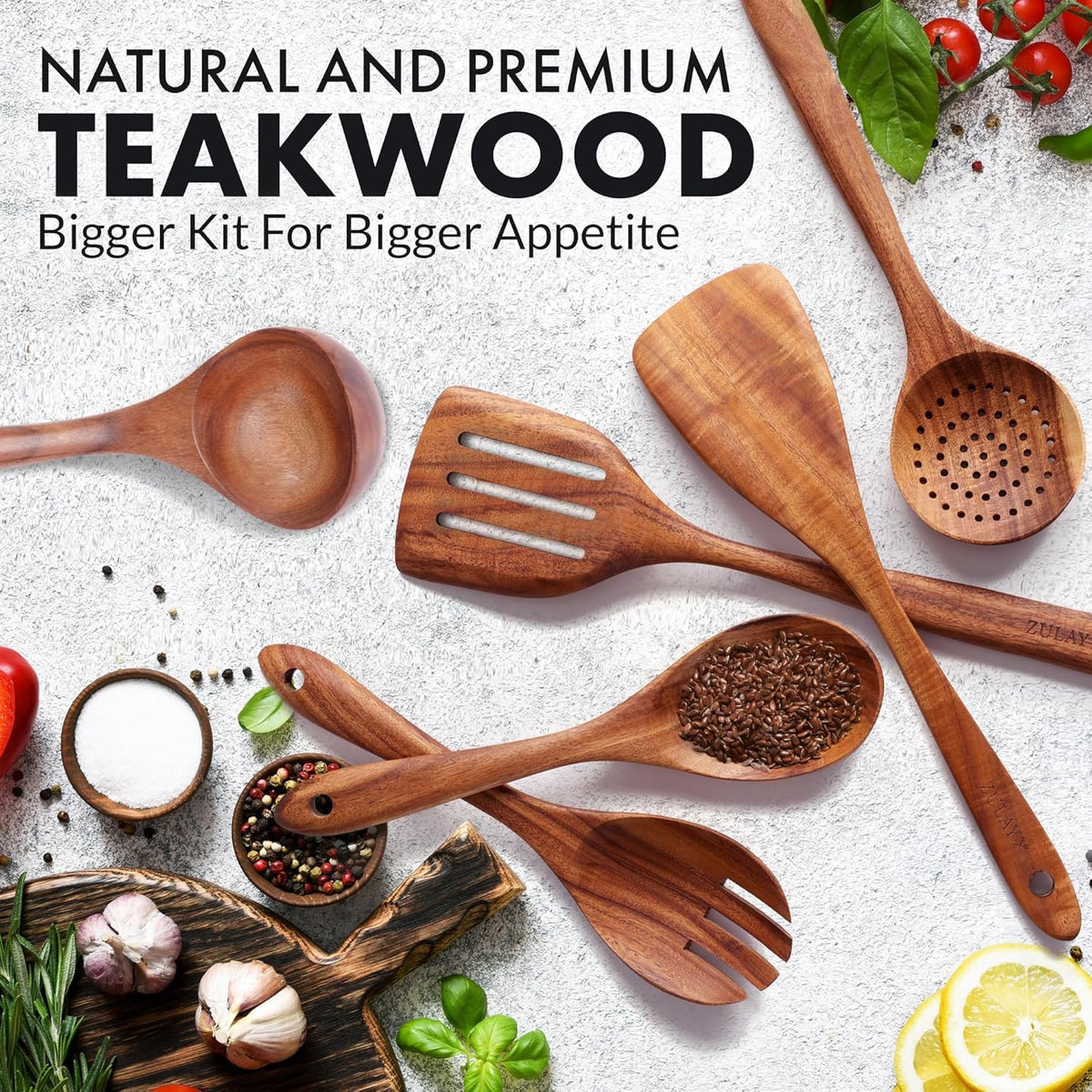 Zulay Kitchen Extra-Large 6-Piece Wooden Spoon Set - Smooth Teak Cooking Utensils - Comfort-Grip
