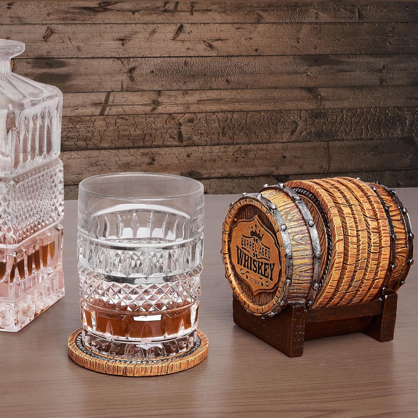 Cabin Obsession Whiskey Barrel Coaster Set – Handcrafted Whiskey Barrel Decor for Whiskey Lovers
