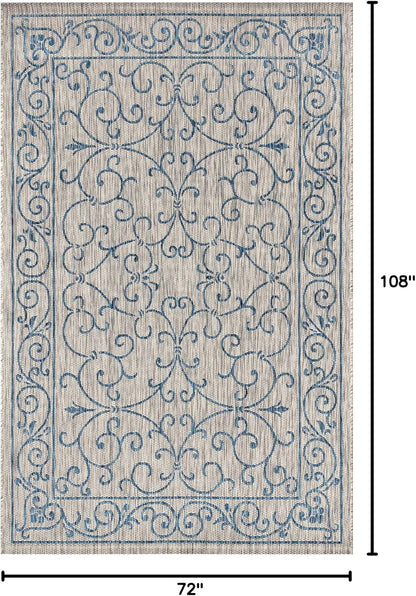 JONATHAN Y Vintage Filigree Indoor Outdoor Area Rug 6X9 Gray/Navy, Charleston Textured Weave for