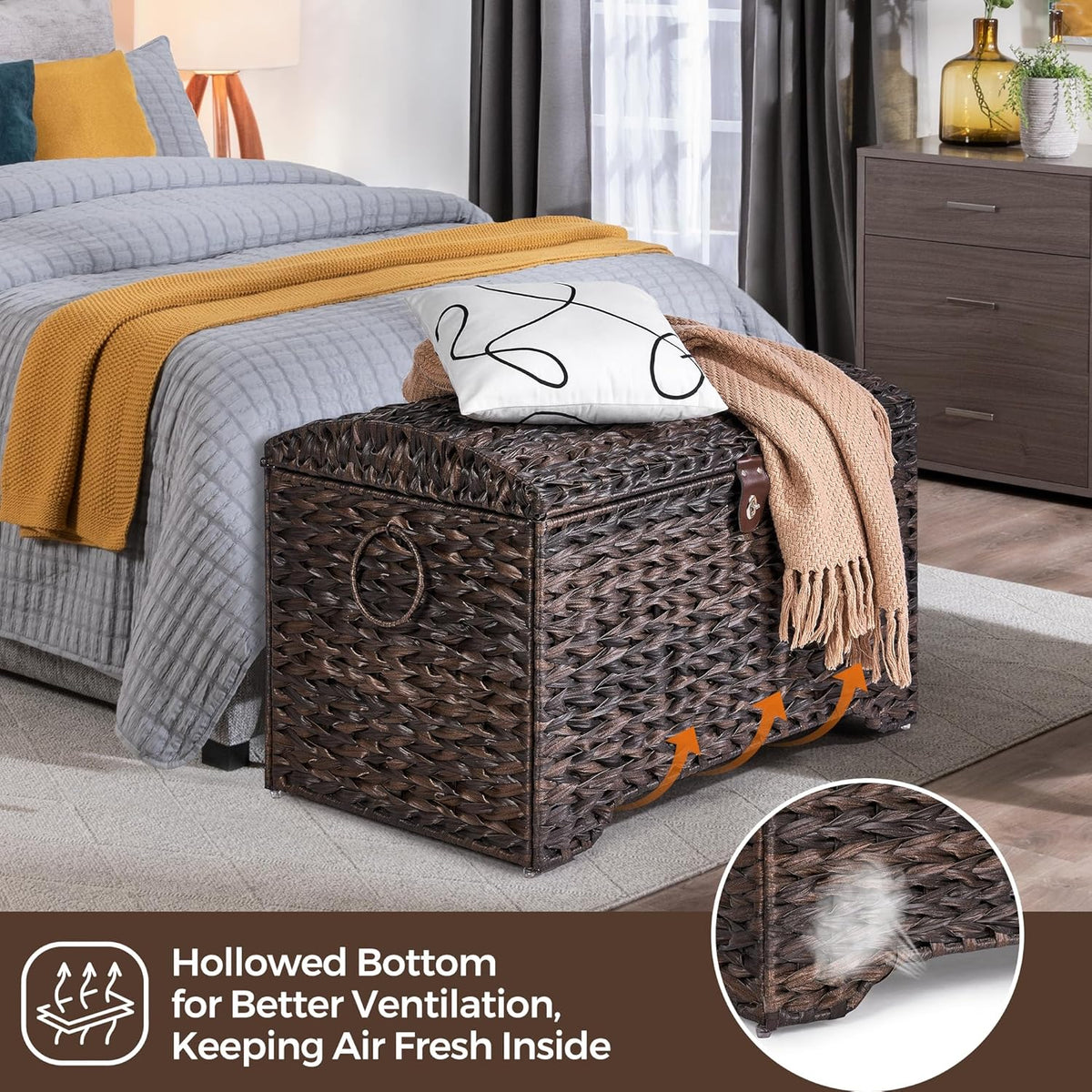 Handwoven Storage Basket with Lid, 178L Plastic Rattan Storage Bin, Leather Buckle & Metal Frame