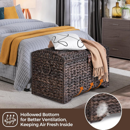 Handwoven Storage Basket with Lid, 178L Plastic Rattan Storage Bin, Leather Buckle & Metal Frame