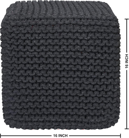 REDEARTH Cube Pouf Foot Stool Ottoman - Hand Knitted Coffee Table - Cotton Cord Boho Pouffe - Home