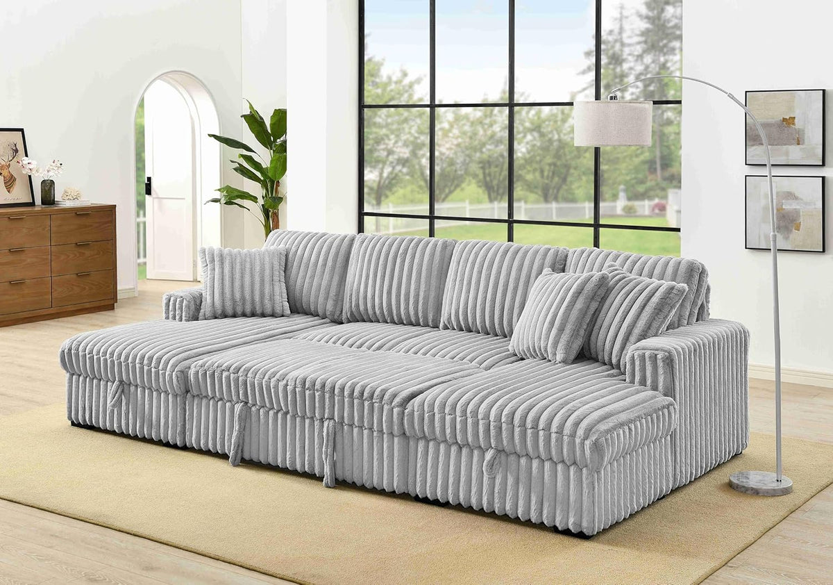 THSUPER Oversized U Shaped Plush Corduroy Fluffy Sectional Sleeper Sofa with Pull Out Bed and
