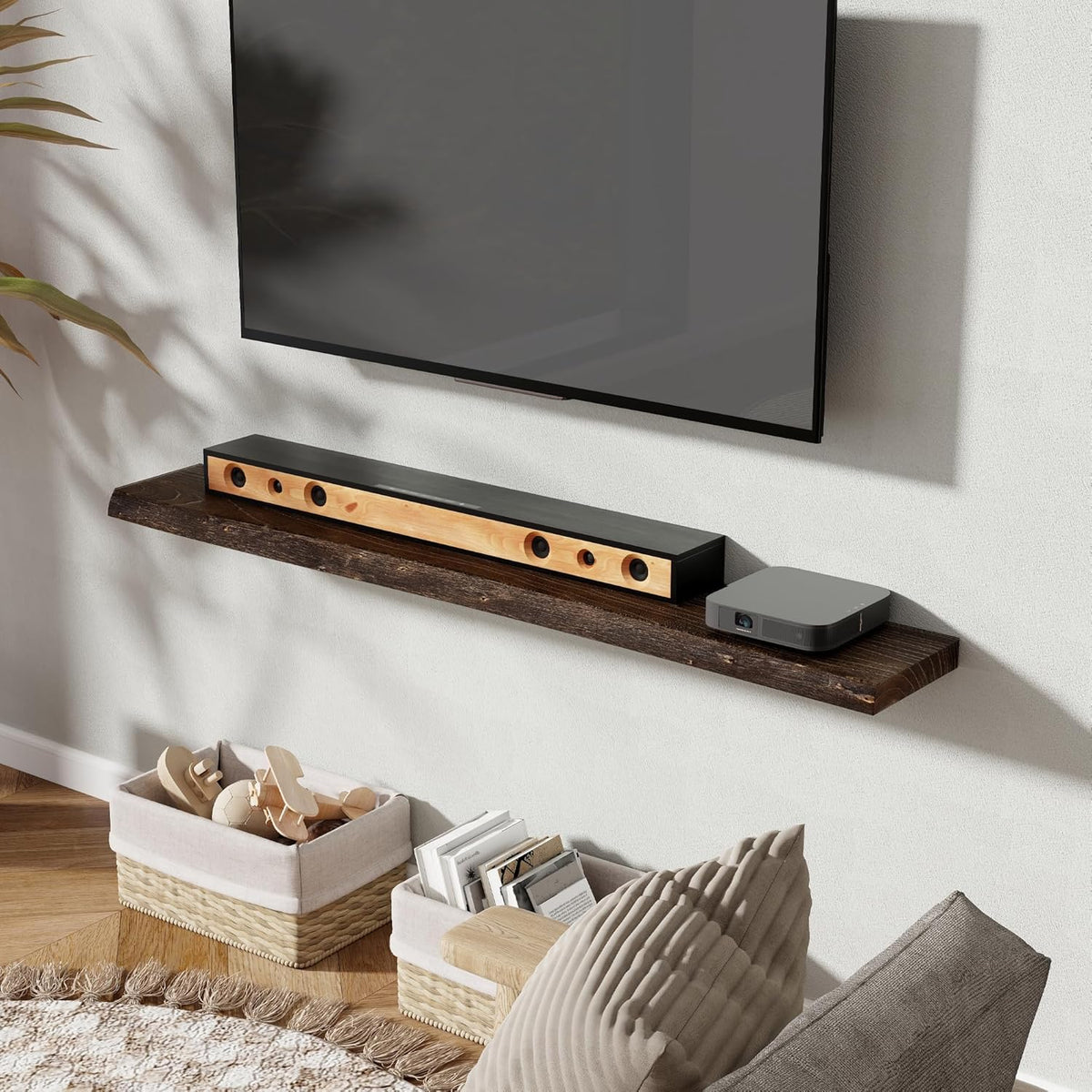 55" Floating Shelves, Live Edge Elm Wood Floating Shelf for Wall, Wall-Mounted Display Shelves with