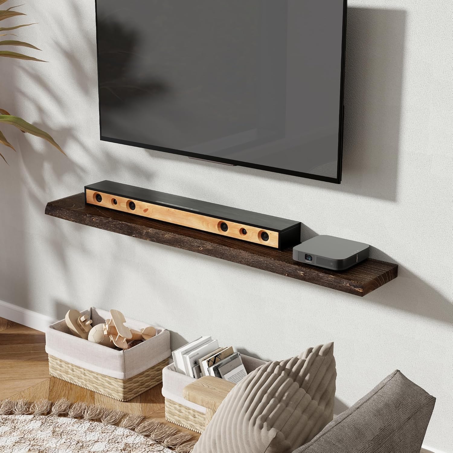55" Floating Shelves, Live Edge Elm Wood Floating Shelf for Wall, Wall-Mounted Display Shelves with