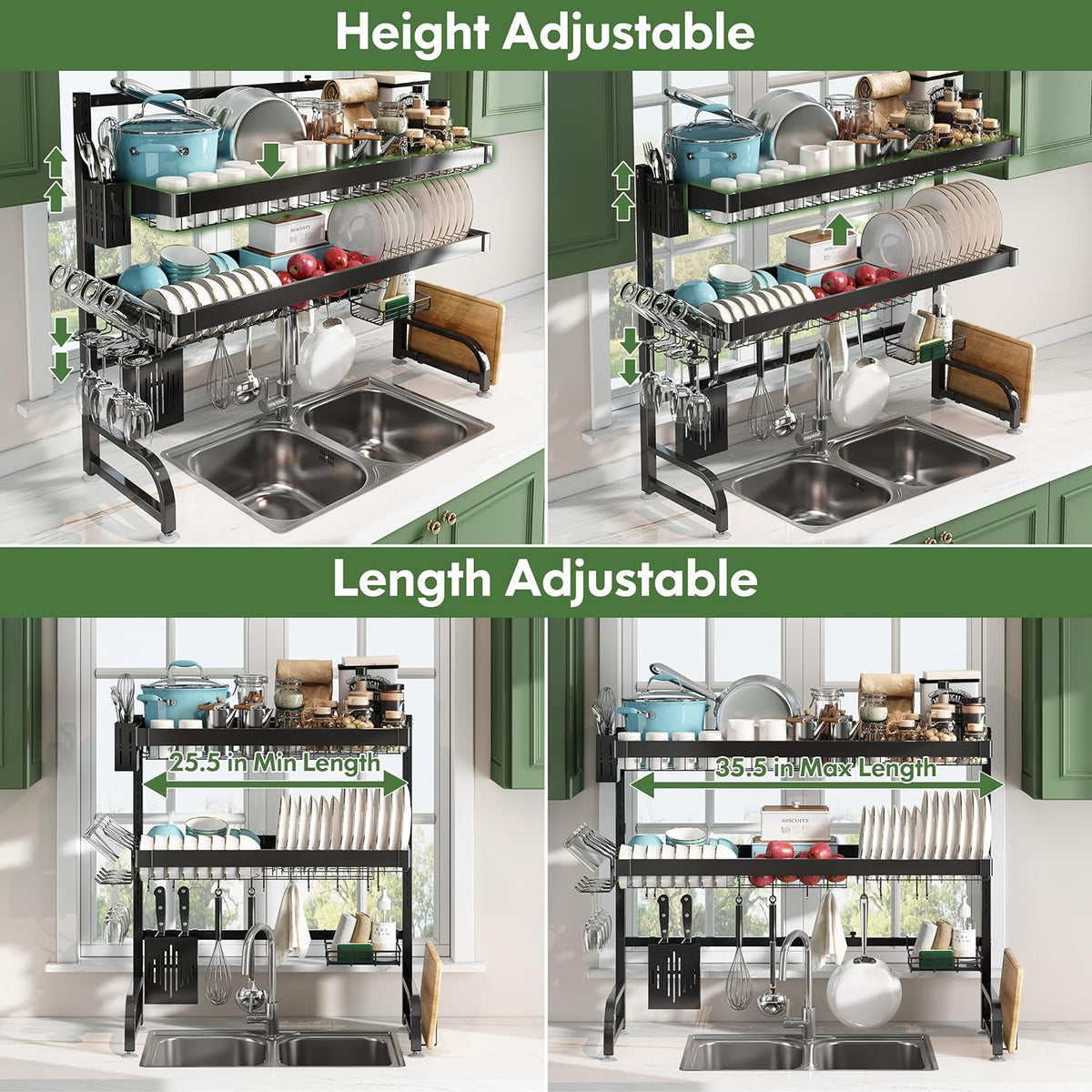 3 Tier Extra Large Stainless Steel Expandable Over The Sink Dish Drainer Drying Rack, Rust Proof