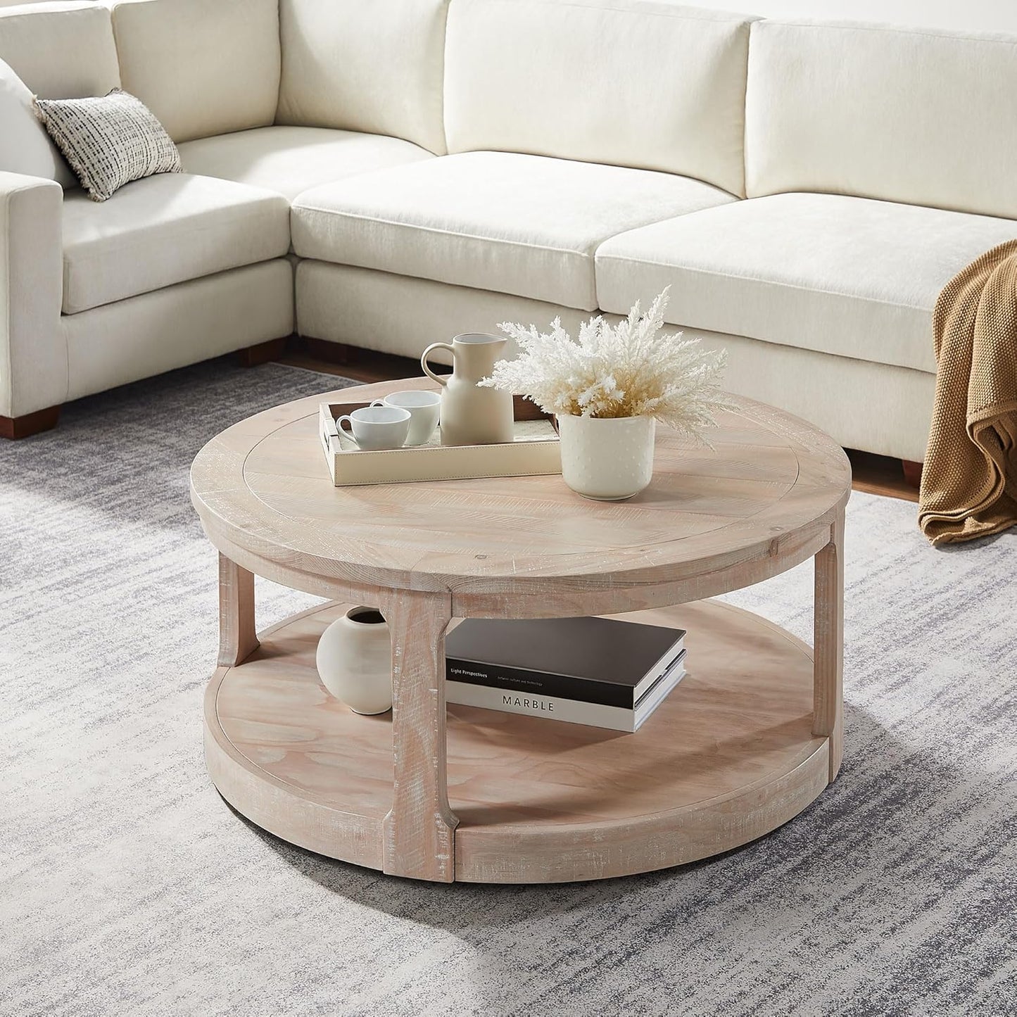 WILLIAMSPACE 40" Round Coffee Table with Wheels, Circle 2 Tier Solid Wood Center Coffee Table, Mid