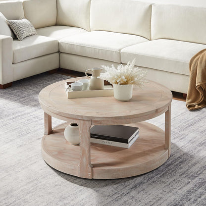 WILLIAMSPACE 40" Round Coffee Table with Wheels, Circle 2 Tier Solid Wood Center Coffee Table, Mid
