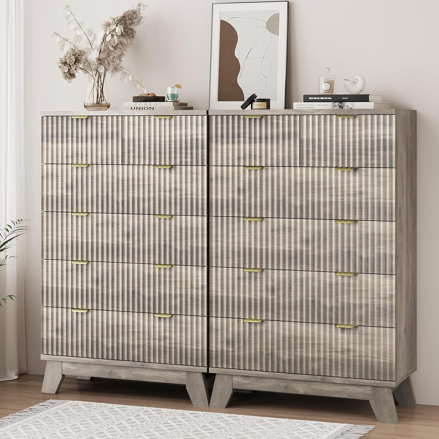 Fluted Dresser for Bedroom with 6 Drawers, 46" Tall Modern Chest of Drawers with Metal Handle