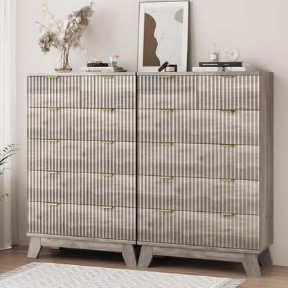 Fluted Dresser for Bedroom with 6 Drawers, 46" Tall Modern Chest of Drawers with Metal Handle