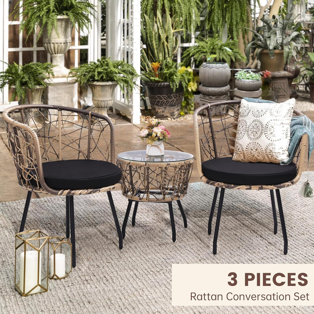 Kromax 3 Piece Bistro Set, Modern Outdoor Wicker Patio Furniture with Tempered Glass Table Top and
